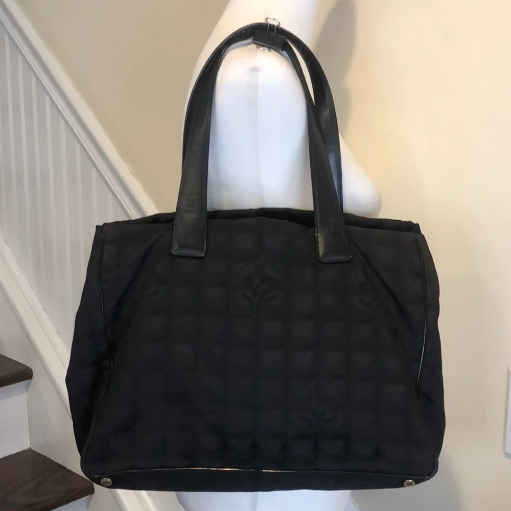CHANEL Black Leather and Black Canvas Traveline Shoulder Bag AUTHENTIC